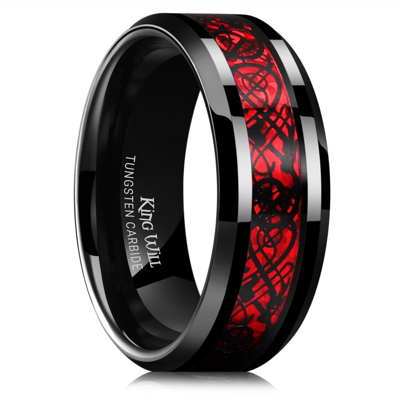 King Will Men's 8mm Red Carbon Fiber Black Celtic Dragon Tungsten Carbide Ring Comfort Fit Wedding Band (9.5) - Image 1